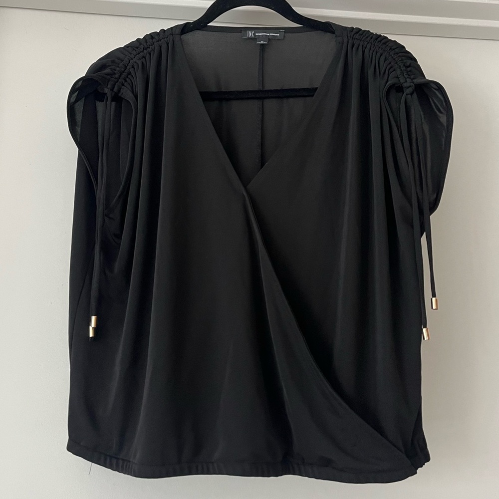INC International Concepts | Ruched Shoulder Surplice Top | Black | XL